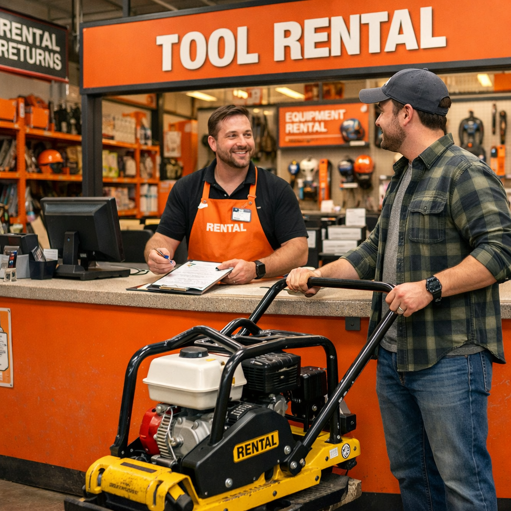a person renting a plate compactor from a home depot like location in 169 format-1 a person renting a plate compactor from a home depot like location in 169 format-1