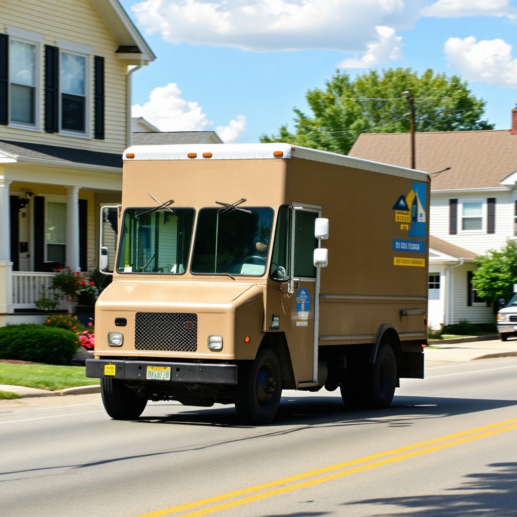 brown parcel delivery vehicle in the USA driving through a town