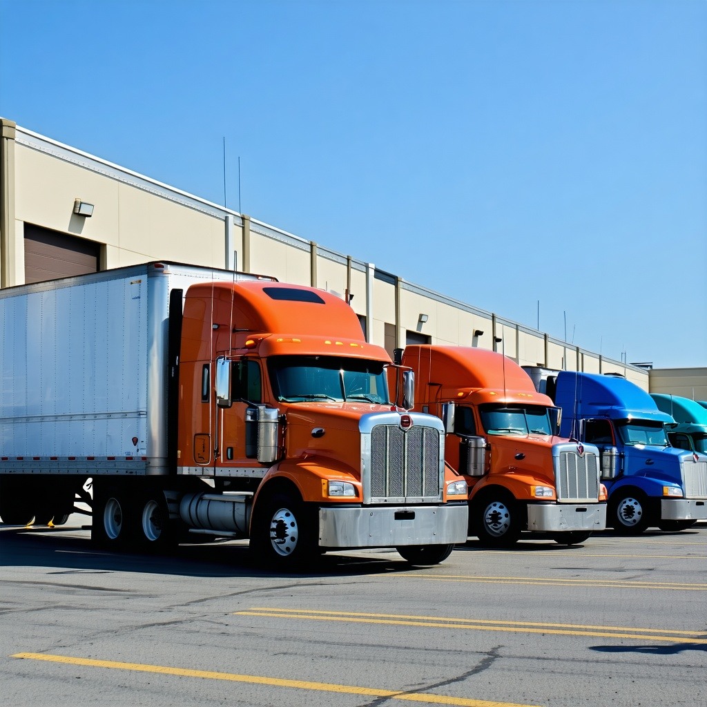 semi trucks with engines in the front arriving outside an ECommerce Fulfillment Hub