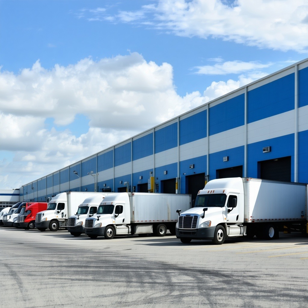 trucks outside a large distribution center