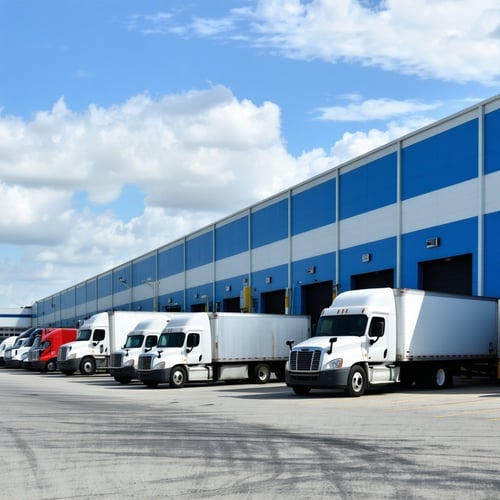 trucks outside a large distribution center