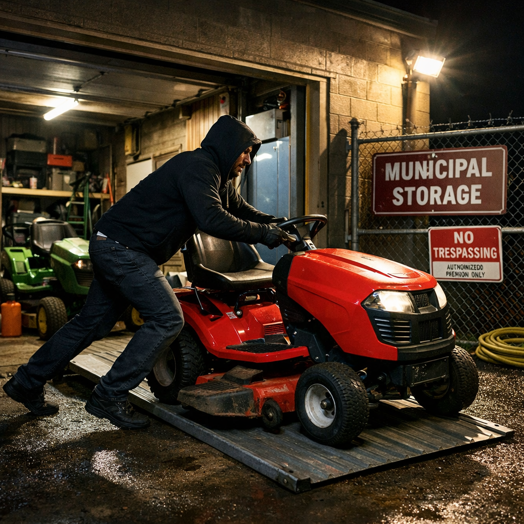 a riding lawnmower being stolen from a muni storage area-1 a riding lawnmower being stolen from a muni storage area-1
