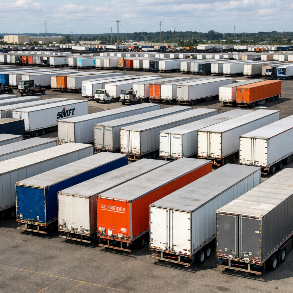 a trailer yard with lots of freight traailers in it a trailer yard with lots of freight traailers in it